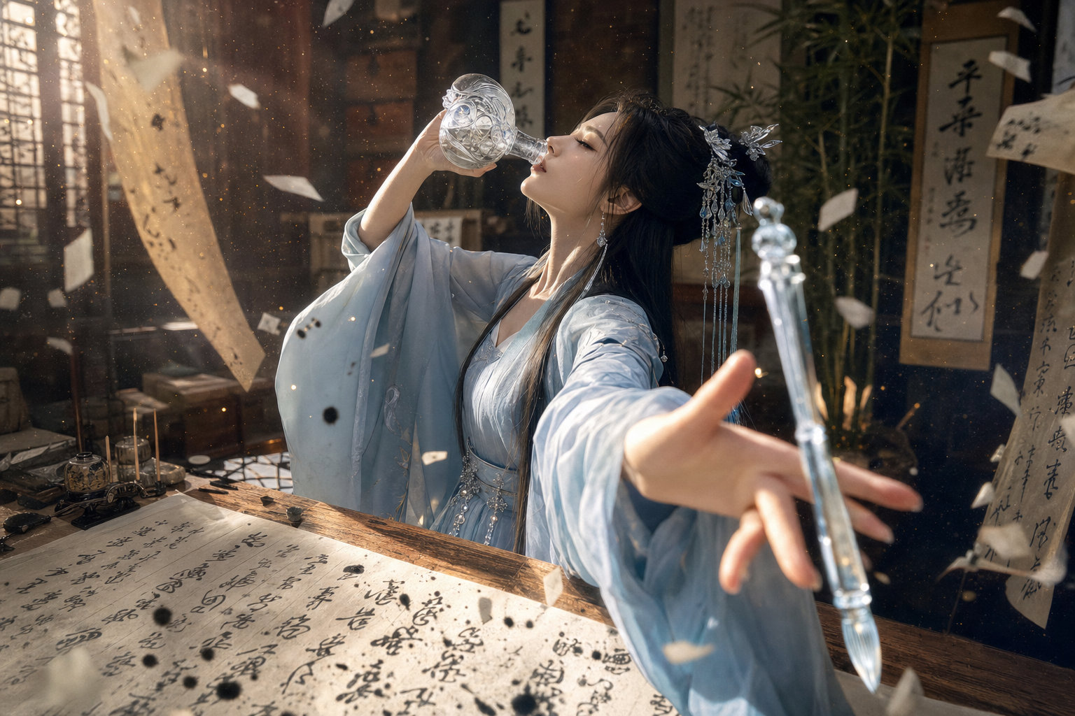 广角侧拍，第一人称视角，强透视构图，超写实国风CG风格，电影级光影。一位清冷绝美的古风女子，身着淡蓝色广袖汉服，银蓝渐变的仙气流苏发饰，长发如瀑。她一手举着晶莹剔透的银纹酒壶仰头饮酒，另一手向前伸出，手指间转着一支流光溢彩的水晶毛笔，毛笔泛着清冷的蓝白色光泽。
背景是古色古香的书房，木桌上铺着写满书法的长卷，周围挂着行书字画，几竿青竹，光影斑驳的暖调阳光从窗外洒入，照亮飞扬的宣纸碎片与墨点，空气里浮动着金色的粒子光尘。
真实人像皮肤质感，发丝根根分明，衣物纹理精致，玻璃与水晶的反光通透自然，手部细节清晰，动态模糊的飞纸与墨点增强动感，8K超高清，4K细节，景深虚化，暖调自然光，氛围感拉满。