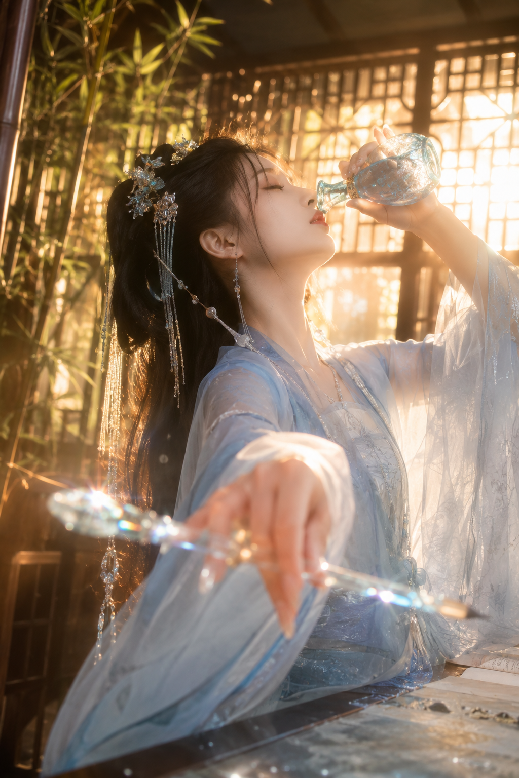 古风仙侠摄影，清冷绝美的东方女子，淡蓝色轻纱汉服，银饰流苏半束发，闭着眼仰头用琉璃瓶饮酒，手向前伸握着发光水晶毛笔，背景是带翠竹和窗棂的中式书房，金色夕阳透过窗格，丁达尔效应，逆光，镜头光晕，8K超写实，电影级质感，浅景深，氛围感拉满