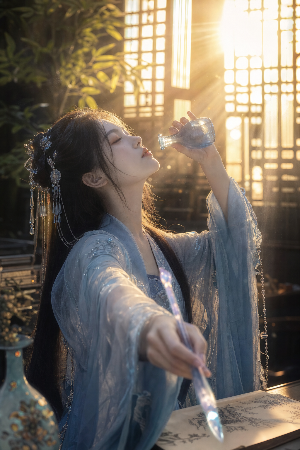 古风仙侠摄影，清冷绝美的东方女子，淡蓝色轻纱汉服，银饰流苏半束发，闭着眼仰头用琉璃瓶饮酒，手向前伸握着发光水晶毛笔，背景是带翠竹和窗棂的中式书房，金色夕阳透过窗格，丁达尔效应，逆光，镜头光晕，8K超写实，电影级质感，浅景深，氛围感拉满