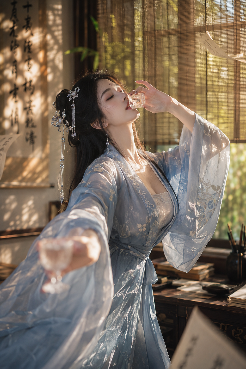 精致东方古典美人图，年轻中国女子，乌黑长发飘逸如丝，高挽发髻配银色流苏步摇发饰，
身着浅蓝色半透明轻纱汉服，广袖飘逸，腰间丝带轻系，衣料轻薄透光，
微醺慵懒神情，眼神迷离含情，仰头饮酒姿态，一手持透明水晶酒杯举至唇边，
另一手向前递出另一杯酒（前景手部虚化），

中式古典书房场景，背景竹帘半掩，翠绿竹叶隐约可见，
墙面悬挂书法卷轴，黑色行书墨迹，木质书案上摆放文房四宝、散落书卷、笔墨纸砚，
几张宣纸随风飘落，营造诗意动态感，

侧逆光从右后方窗棂照入，温暖金色自然光，竹叶阴影斑驳投射在墙面和人物纱衣上，
半透明衣料的柔和透光效果，发丝边缘光晕，
浅景深效果，前景手部虚化，中景人物清晰，背景竹帘适度虚化，
85mm镜头 f/1.8 大光圈质感，

东方古典美学风格，诗意微醺氛围，优雅浪漫情绪，
浅蓝与暖金色调对比，精致细腻画质，8K超高清，
AI绘画与写实摄影融合风格，梦幻光影，古典意境