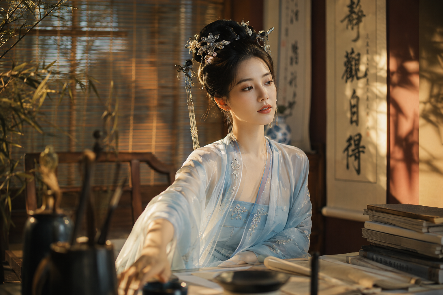 专业环境人像摄影，年轻东方女性模特，古典汉服造型，
浅蓝色轻纱襦裙，高挽发髻配传统银饰，自然微醺表情，
中式传统书房实景，竹帘背景，书法卷轴装饰，木质书案文房四宝，

自然窗光侧逆光，黄金时段温暖光线，竹叶阴影投射墙面，
伦勃朗式光照勾勒面部轮廓，半透明纱衣的柔和透光，
85mm f/1.4 镜头，浅景深奶油散景，前景虚化手部，
环境人像构图，人物与环境互动，纪实感姿态，

东方古典色调，蓝金对比色温，精致后期调色，
时尚杂志质感，8K分辨率，专业商业摄影质量