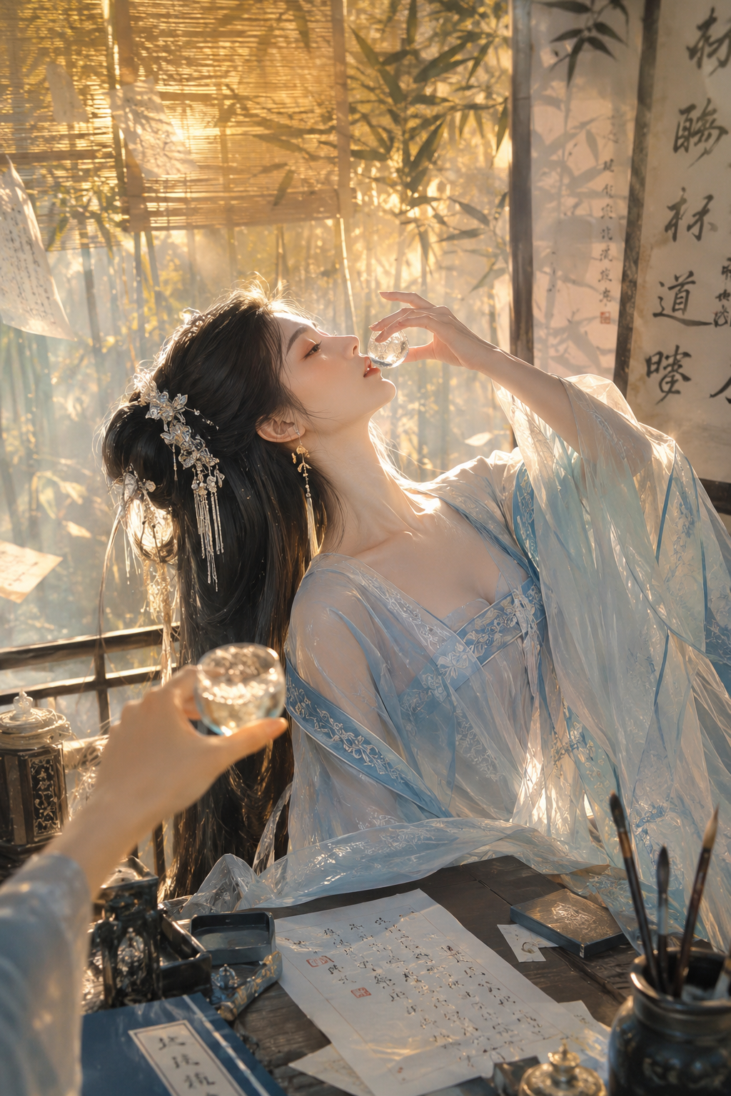 精美AI插画，东方古典美人，浅蓝色半透明汉服广袖，乌黑长发配银白流苏发簪，
微醺姿态仰头饮酒，透明水晶杯，递酒互动构图，
古典中式书房，竹林窗景，悬挂书法卷轴，飘落宣纸，文房四宝，

梦幻侧逆光，金色光线穿透竹帘，叶影斑驳洒落，
纱衣透光质感，发丝光晕，柔和皮肤光泽，
二次元与写实融合风格，精致五官，理想化比例，
浅蓝暖金配色，诗意浪漫氛围，东方意境美学，8K超精细渲染
