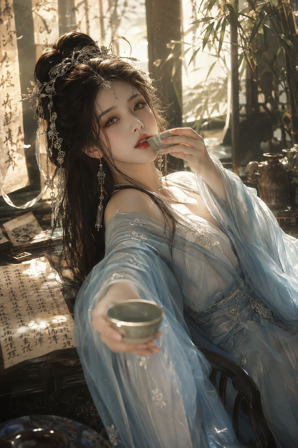 诗意东方微醺美人，古典汉服女子，轻纱蓝衣似云似雾，
乌发如瀑银饰轻摇，慵懒抬眸，朱唇轻触杯沿，
递酒邀请姿态，含蓄东方情欲美学，

文人雅室，墨香四溢，竹影婆娑，卷轴飘零，
午后暖阳斜照，光尘浮动，时间凝滞之感，

电影级光照，柔光与硬影交织，半透明材质渲染，
概念艺术风格，东方幻想美学，极致细节，8K，壁纸级画质