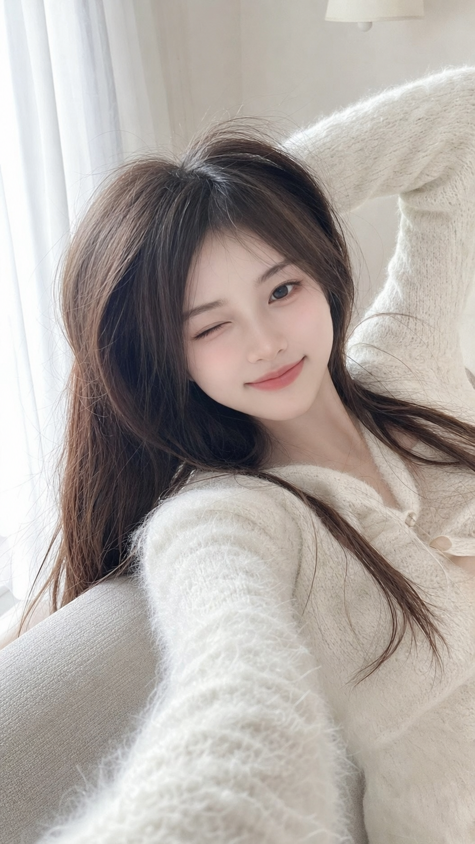 画面中是一位白皙甜妹，网红，冷白皮，棕色长发，日常随拍发抖音，长袖设计感针织衫，可爱表情，灵动的，唯美，氛围感。随机发型，随机穿搭，随机动作，摆pose，室内场景，8k超清