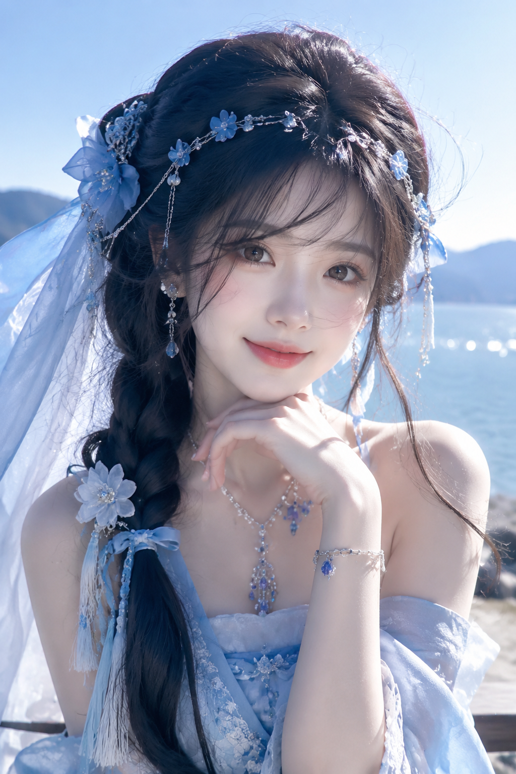 （电影级面光：1.6），（光线追踪：1.5），（冷白皮漫感质感的光滑皮肤：1.7），（人物有最好的骨相：1.2），（网感脸：1.6），身材完美，莫兰迪配色，高颜值网红，INS风，幼态脸，19岁女生尖下巴，三庭五眼比例均衡，身材娇小，细腻陶瓷水嫩肌肤，偏冷白皮，随机的妆容，随机的饰品，随机的动作，侧光，发丝轻飘，凌乱，随机角度拍摄，总体有很多的不确定性，但又好看， 风格甜美少女系，氛围慵懒俏皮，东方美女年轻娇小，冷白皮气质美女，薇薇纯欲风，皮肤白皙，偶像气质，fairskin，气质的江南美女子，有点甜美，皮肤美白透亮，表情可爱，甜美氛围，细腻笔触，独特韵味的美，可爱表情，正面照，人物上半身特写，流苏头饰，银饰金属质感，蓝色发饰，倾国倾城，精致细节高清。面容清秀，蓝色系服饰，人物上半身特写镜头，远景，全景，写实风格，写真，户外背景，俏皮可爱，高清画质，细节清楚，气质非凡。大师构图，