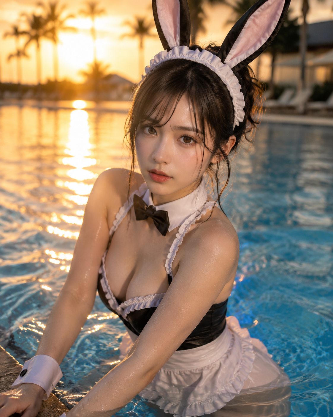 1girl, solo, bunny ears, maid outfit, cosplay, by swimming pool, water, wet skin, golden hour, sunset, photorealistic, masterpiece, ultra detailed, 8k
