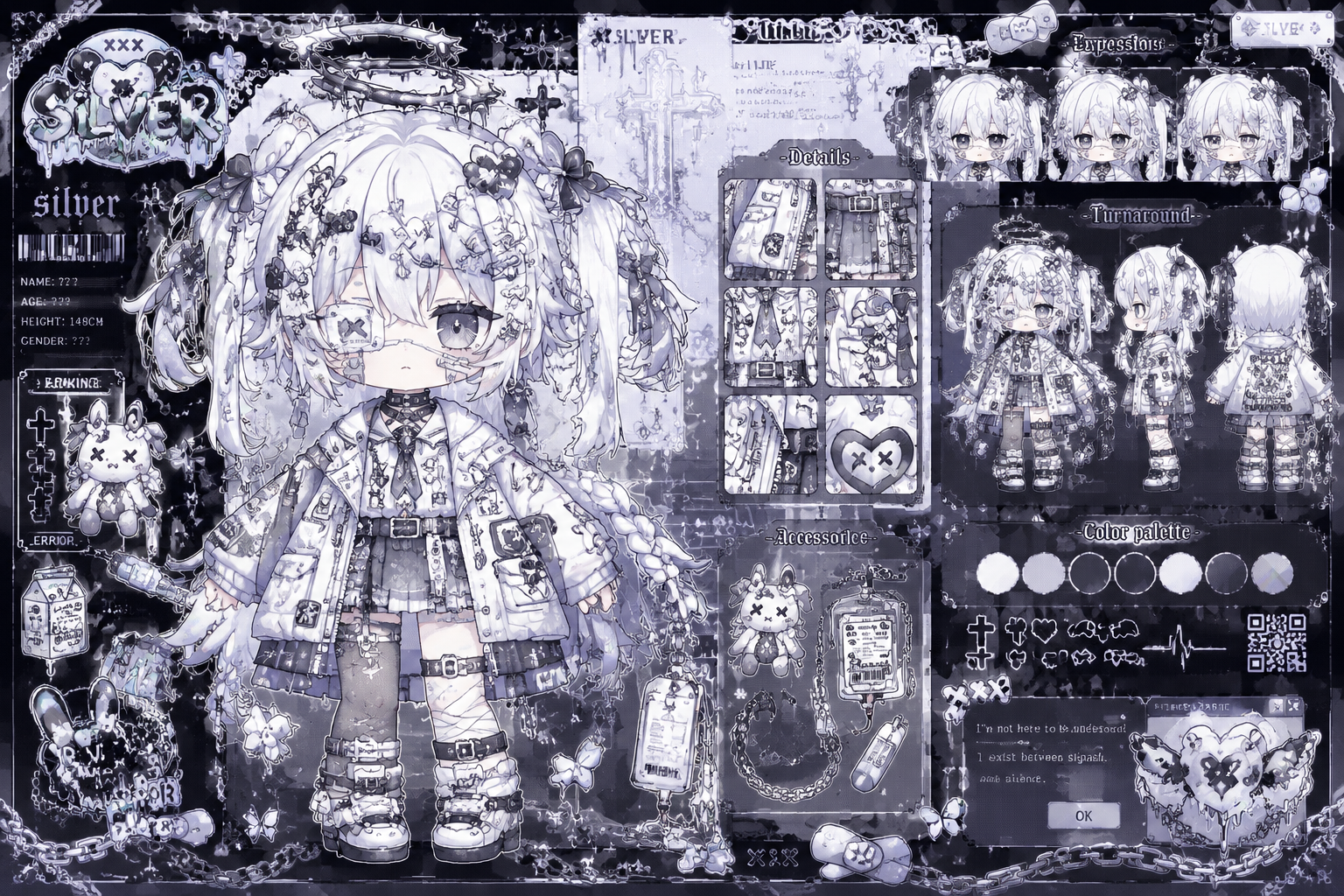 帮我生成图片：二次元风格的平面Q版人物Oc，拥有独特画风，以白银配色为主，充满亚文化风格，画面元素显得十分繁琐