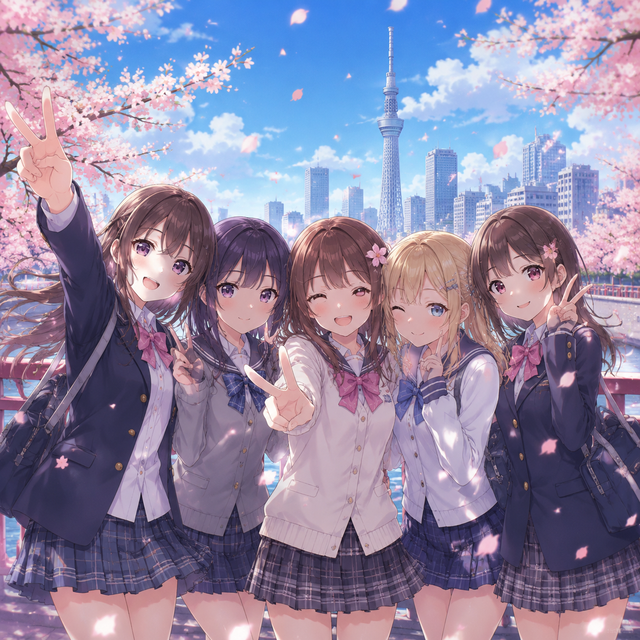 五个穿JK制服的二次元美少女在春日樱花盛开的桥上合影，身后是蓝天白云和城市天际线，花瓣飘落，青春洋溢