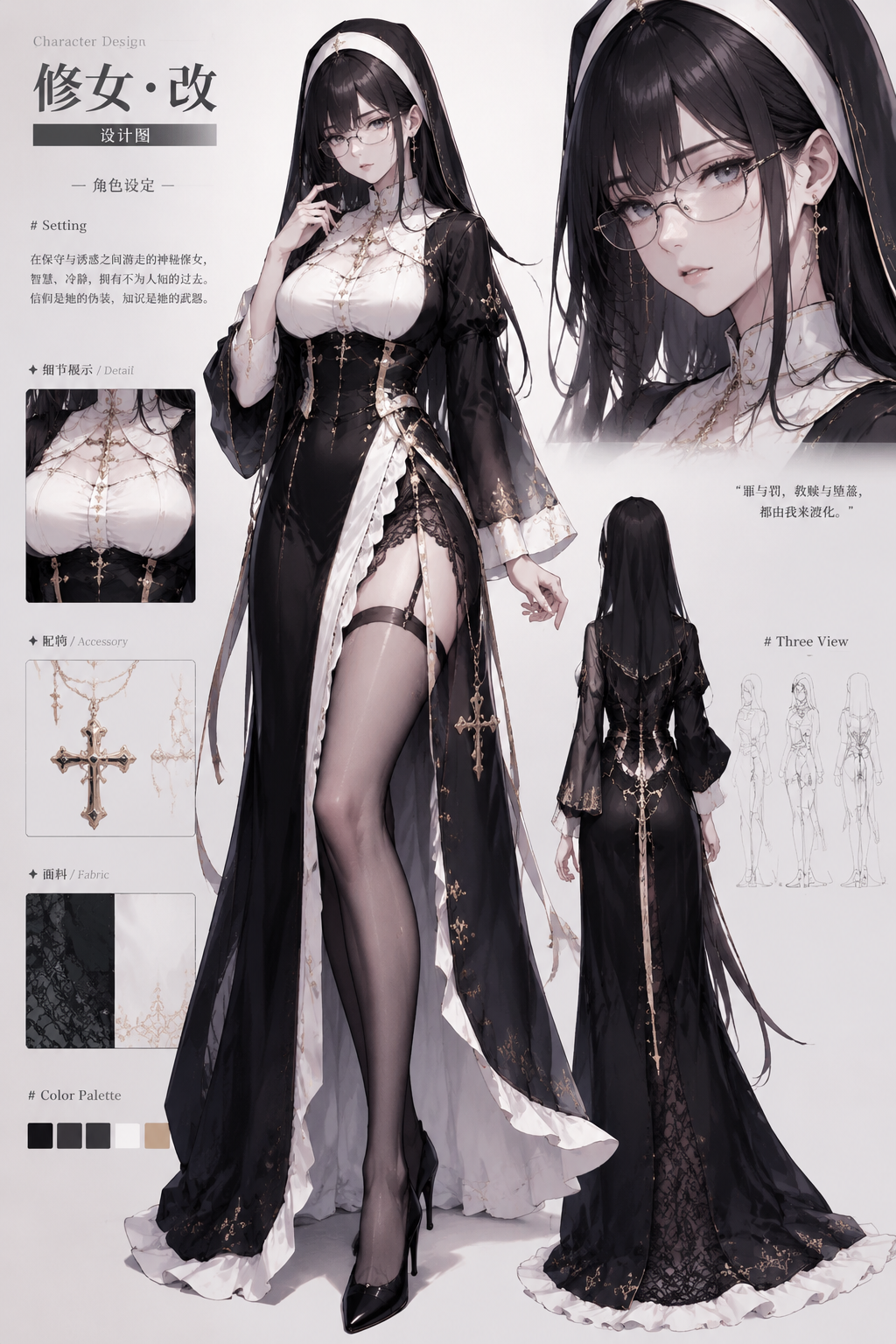 一位戴眼镜的黑长直女性，穿改良修女服，黑白配色蕾丝高开叉裙，知性性感，日韩漫画角色设计图。