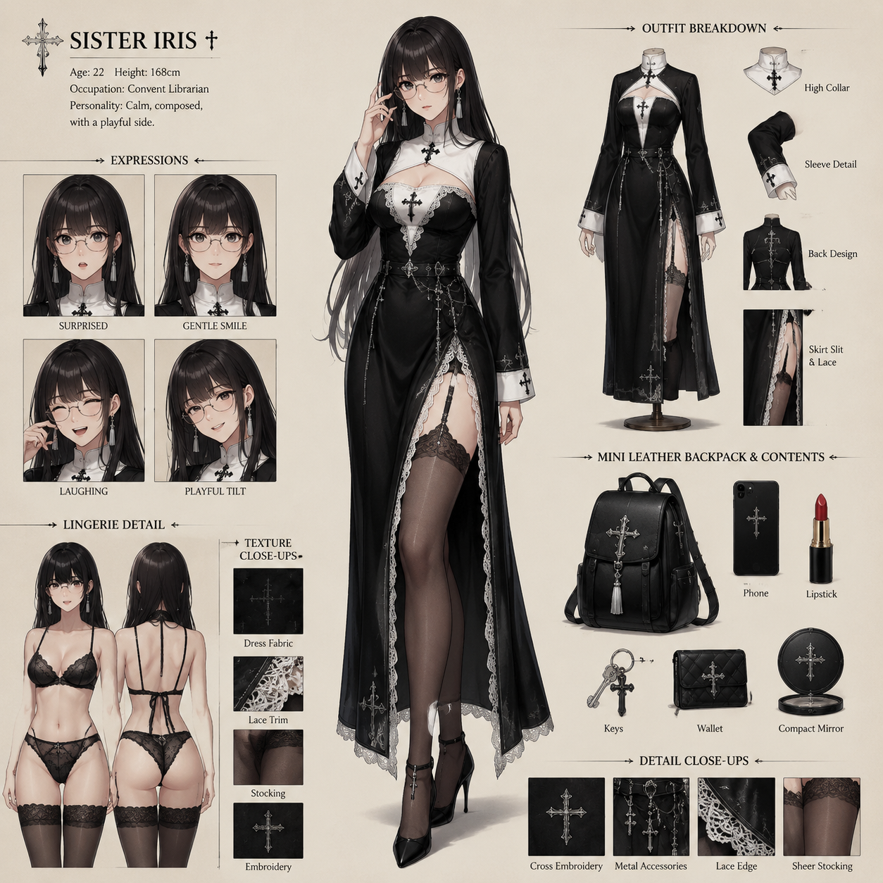 Character design sheet, anime manhwa style, a young woman with black long straight hair, bangs, metal frame glasses, silver tassel earrings. Wearing modified nun outfit: black dress with white high collar, cross pattern, lace trim, high slit skirt with white lace edges, black sheer stockings. Include: center full body pose, outfit breakdown, 4 expression variations (surprised, gentle smile, laughing, playful tilt head), black lace lingerie detail, mini leather backpack with contents (phone, lipstick, keys, wallet, compact mirror). Clean beige background, detailed texture close-ups, professional character design reference sheet layout.