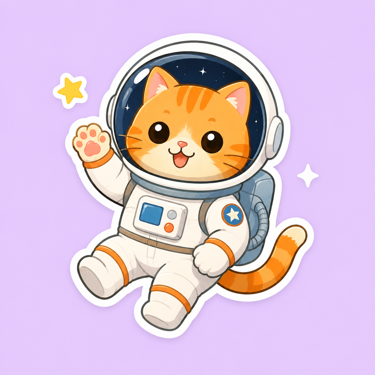 Generate a cute orange cat astronaut sticker on a clean pastel background.