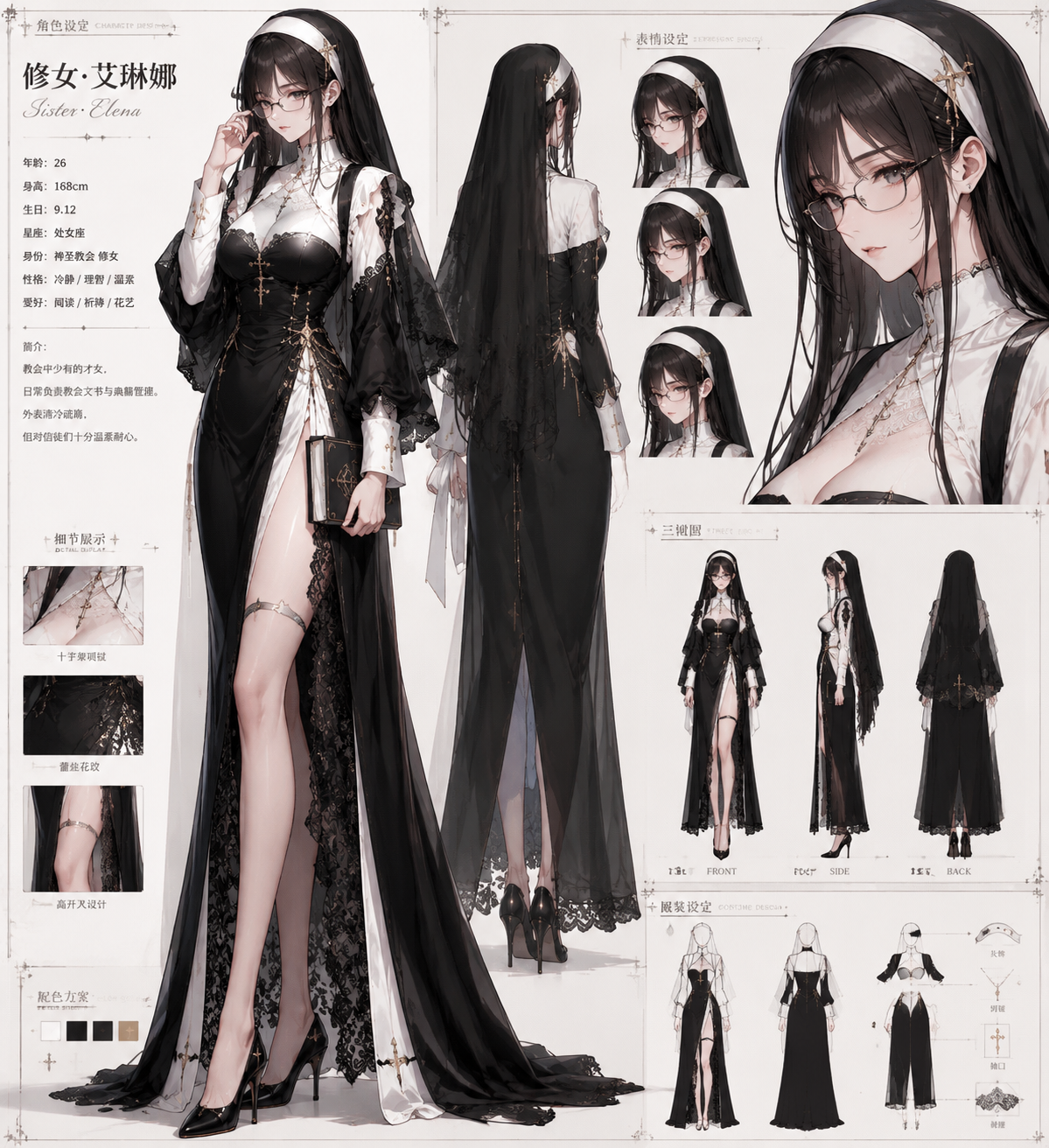 一位戴眼镜的黑长直女性，穿改良修女服，黑白配色蕾丝高开叉裙，知性性感，日韩漫画角色设计图。