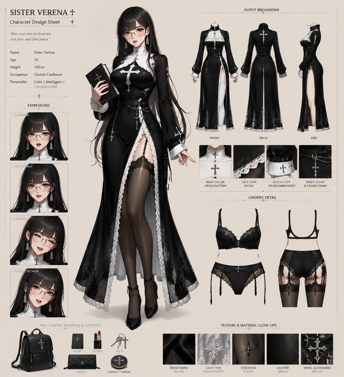 Character design sheet, anime manhwa style, a young woman with black long straight hair, bangs, metal frame glasses, silver tassel earrings. Wearing modified nun outfit: black dress with white high collar, cross pattern, lace trim, high slit skirt with white lace edges, black sheer stockings. Include: center full body pose, outfit breakdown, 4 expression variations (surprised, gentle smile, laughing, playful tilt head), black lace lingerie detail, mini leather backpack with contents (phone, lipstick, keys, wallet, compact mirror). Clean beige background, detailed texture close-ups, professional character design reference sheet layout.