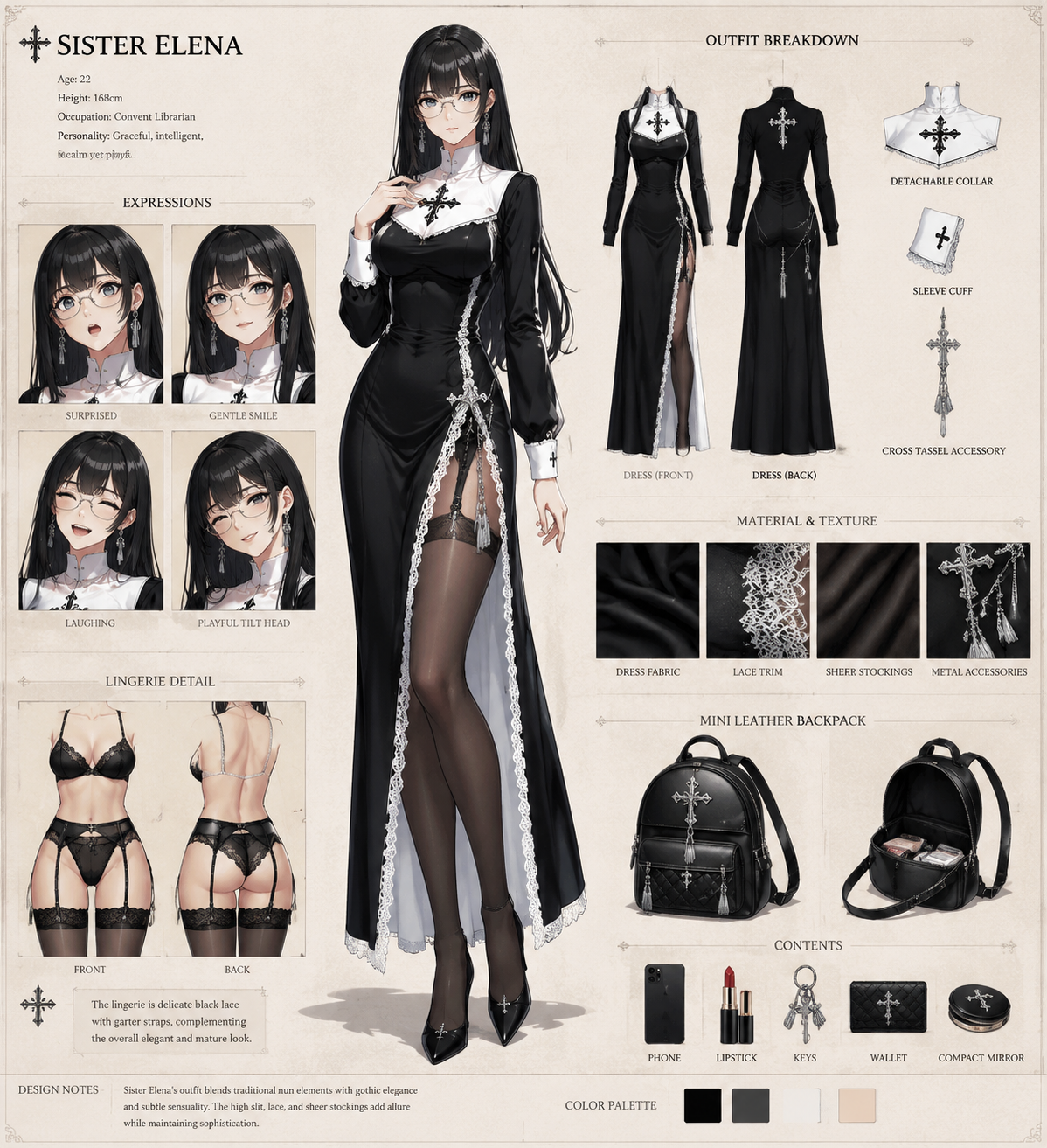 Character design sheet, anime manhwa style, a young woman with black long straight hair, bangs, metal frame glasses, silver tassel earrings. Wearing modified nun outfit: black dress with white high collar, cross pattern, lace trim, high slit skirt with white lace edges, black sheer stockings. Include: center full body pose, outfit breakdown, 4 expression variations (surprised, gentle smile, laughing, playful tilt head), black lace lingerie detail, mini leather backpack with contents (phone, lipstick, keys, wallet, compact mirror). Clean beige background, detailed texture close-ups, professional character design reference sheet layout.