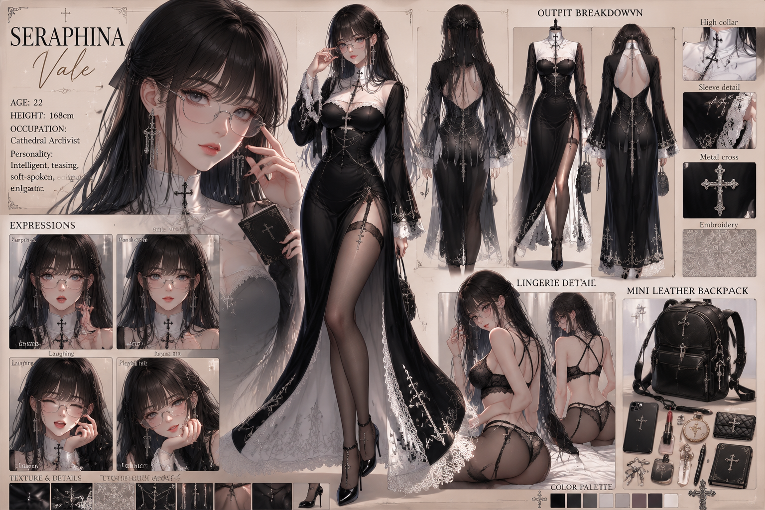 Character design sheet, anime manhwa style, a young woman with black long straight hair, bangs, metal frame glasses, silver tassel earrings. Wearing modified nun outfit: black dress with white high collar, cross pattern, lace trim, high slit skirt with white lace edges, black sheer stockings. Include: center full body pose, outfit breakdown, 4 expression variations (surprised, gentle smile, laughing, playful tilt head), black lace lingerie detail, mini leather backpack with contents (phone, lipstick, keys, wallet, compact mirror). Clean beige background, detailed texture close-ups, professional character design reference sheet layout.