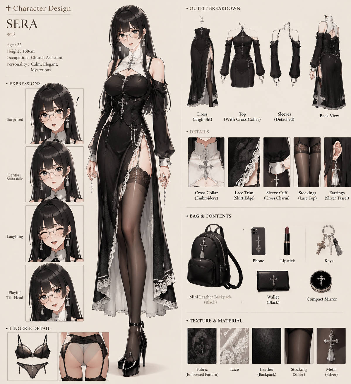 Character design sheet, anime manhwa style, a young woman with black long straight hair, bangs, metal frame glasses, silver tassel earrings. Wearing modified nun outfit: black dress with white high collar, cross pattern, lace trim, high slit skirt with white lace edges, black sheer stockings. Include: center full body pose, outfit breakdown, 4 expression variations (surprised, gentle smile, laughing, playful tilt head), black lace lingerie detail, mini leather backpack with contents (phone, lipstick, keys, wallet, compact mirror). Clean beige background, detailed texture close-ups, professional character design reference sheet layout.